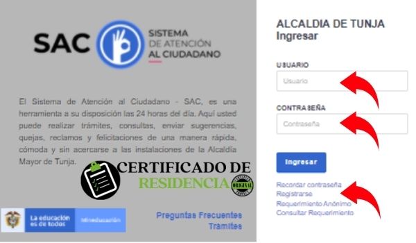 certificado de residencia en Tunja en linea
